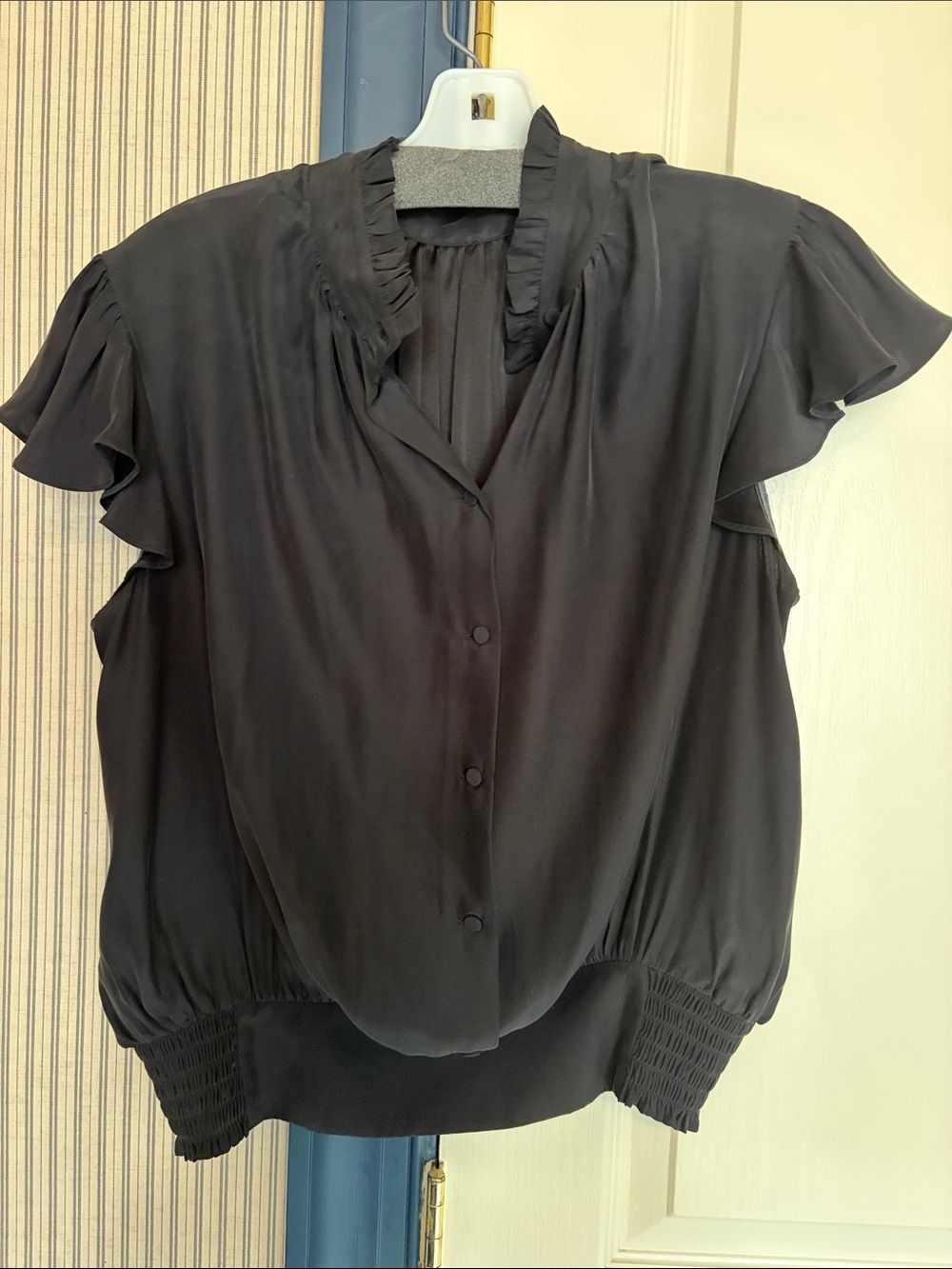 Frame Black Ruffle-Sleeve Button Front Women's Top